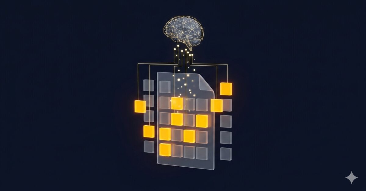 Translucent document deconstructing into modular blocks with amber glowing sections connected by golden lines to a geometric AI structure on dark navy background