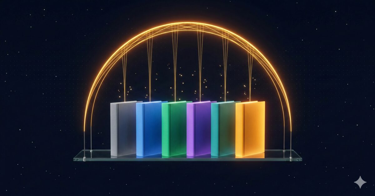 Six hardcover books standing in a row on a floating glass shelf, each spine glowing a different colour from grey to amber, connected by a luminous golden arch above on dark navy background
