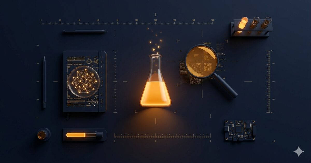 Top-down view of a dark laboratory workbench with glowing amber flask, petri dish containing a miniature network graph, and magnifying glass over data patterns