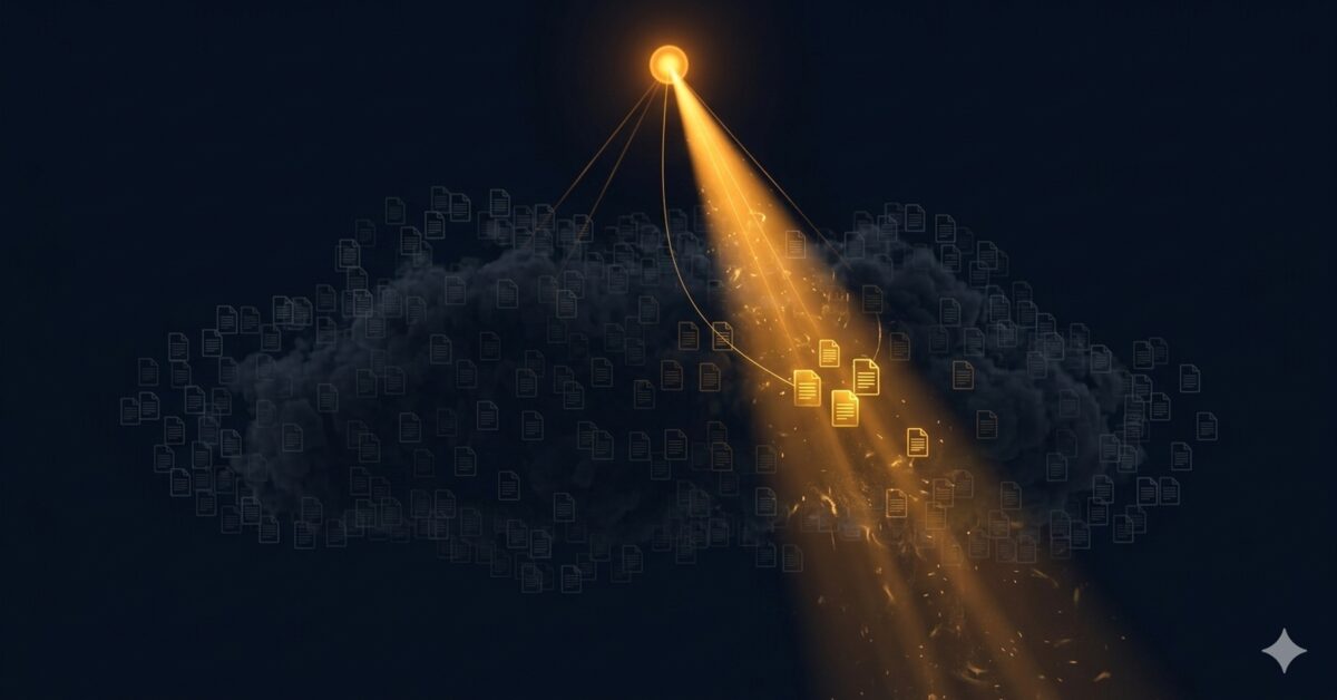 Hundreds of floating document icons in a cloud with a bright amber spotlight beam selecting a small cluster of glowing documents on dark navy background