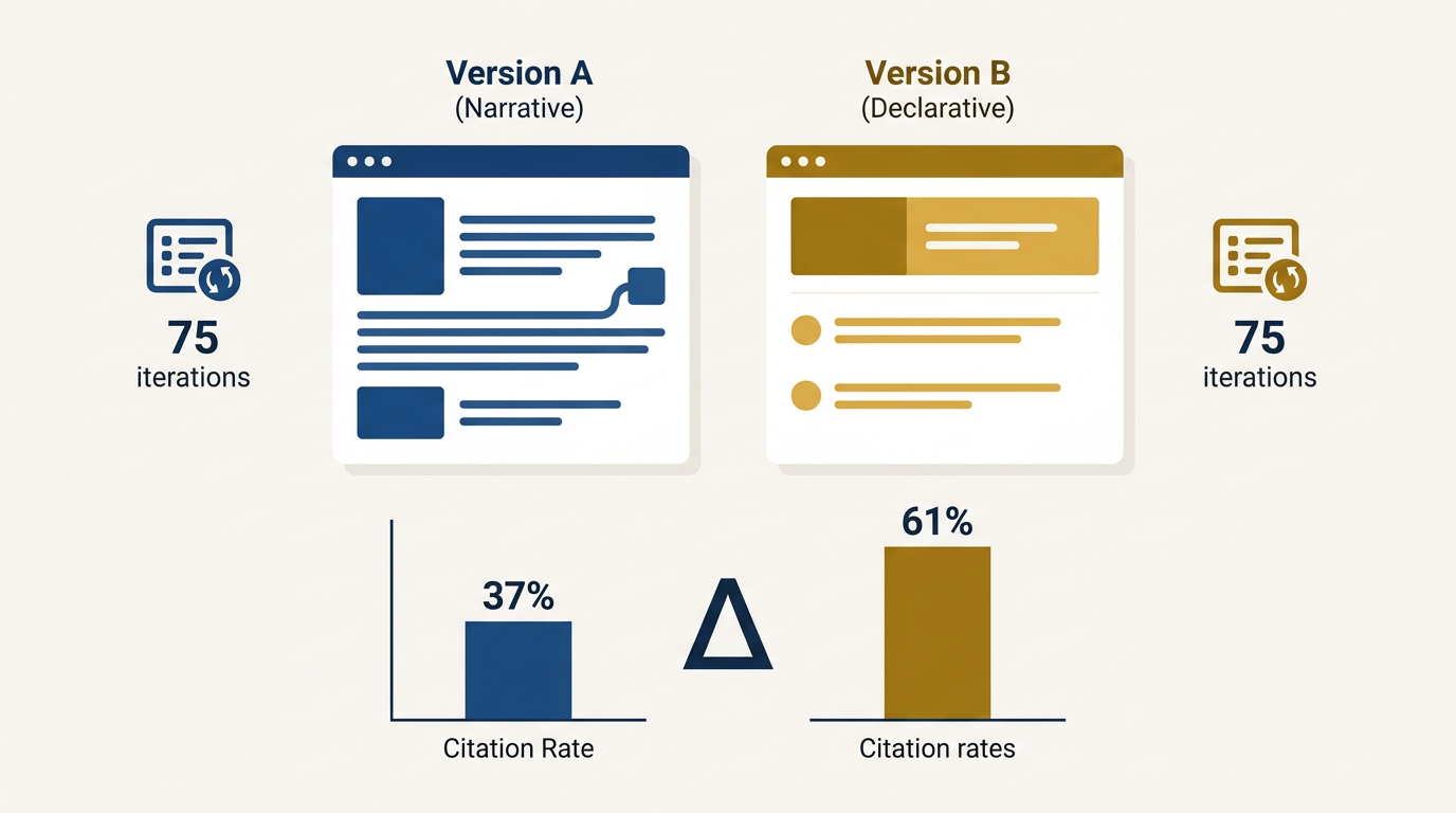 GEO Experiment 001 results showing 61% citation rate for declarative structure versus 37% for narrative structure across 75 query iterations