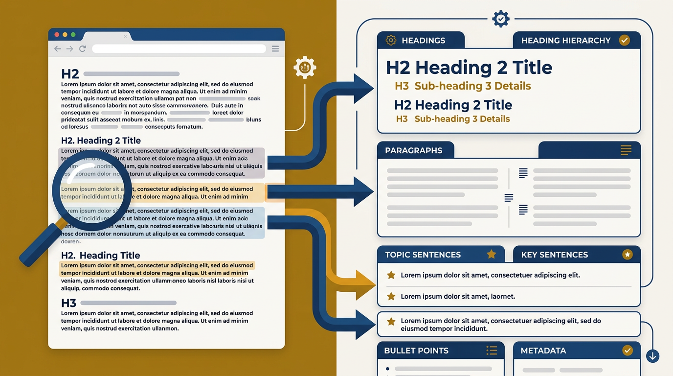 Content extractability framework showing how AI systems parse document structure into retrievable sections through heading hierarchy, topic sentences, and semantic boundaries