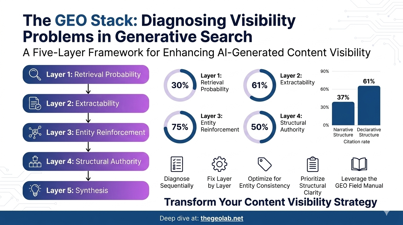 GEO Stack infographic showing five layers for diagnosing AI visibility: Retrieval Probability 30%, Extractability 61%, Entity Reinforcement 75%, Structural Authority 50%