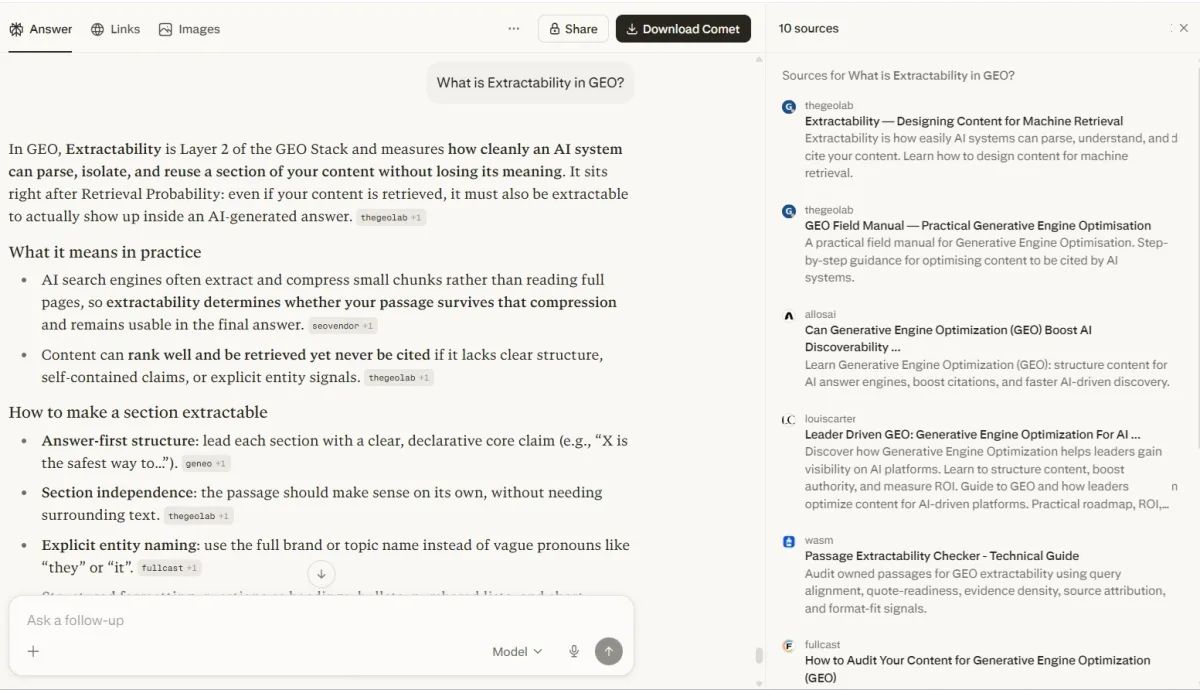 Perplexity search result: What is content extractability with thegeolab.net as source 1 and 2