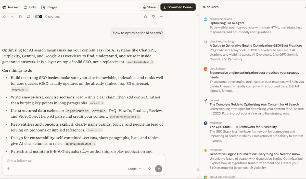 Perplexity search result: How to optimise for AI search with thegeolab.net GEO Stack page in source panel