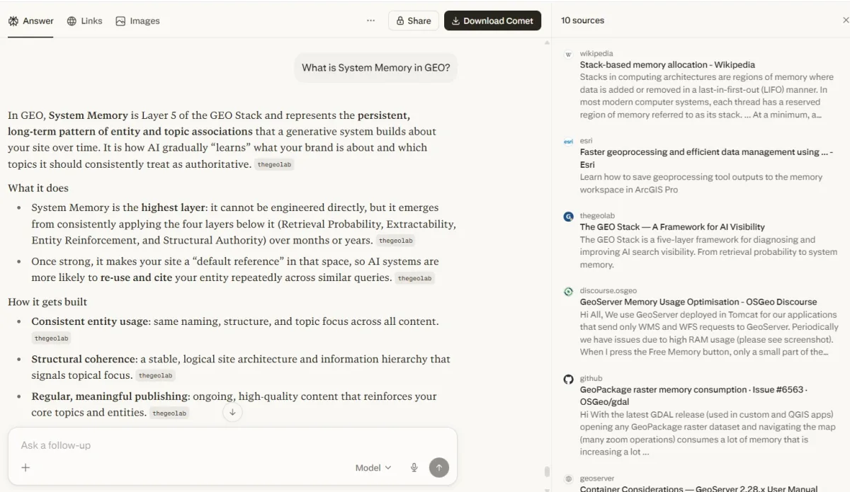 Perplexity search result: What is System Memory in GEO with thegeolab.net in sources