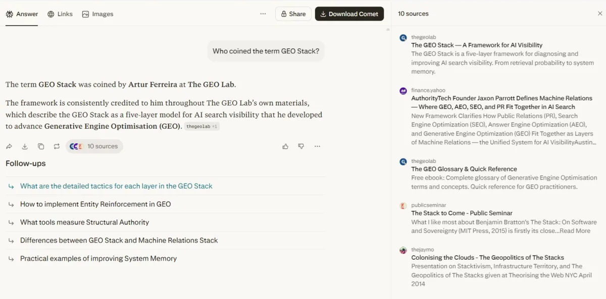Perplexity search result: The term GEO Stack was coined by Artur Ferreira at The GEO Lab with follow-up questions