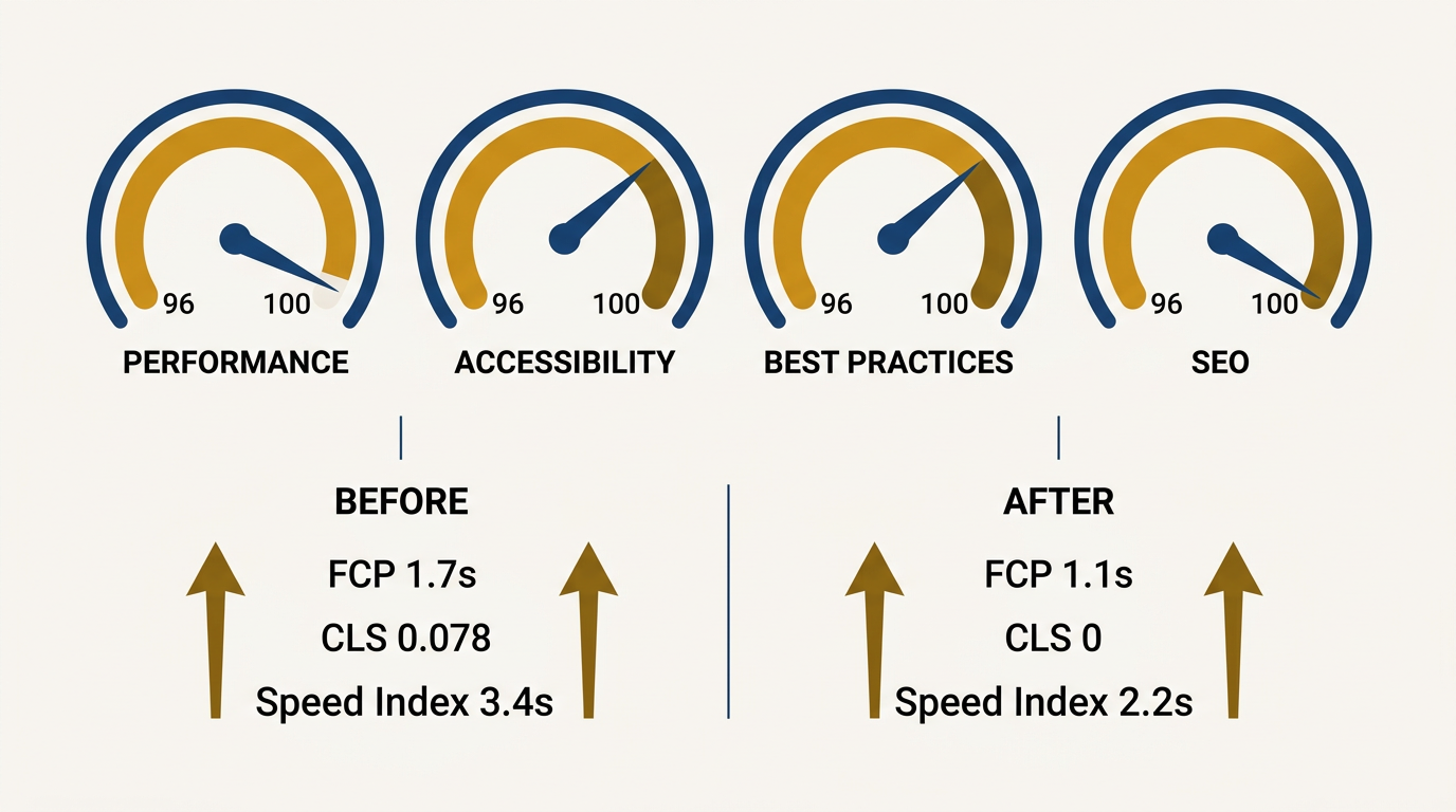 PageSpeed optimization journey from 96 to 100 across Performance, Accessibility, Best Practices, and SEO scores on Google PageSpeed Insights mobile test