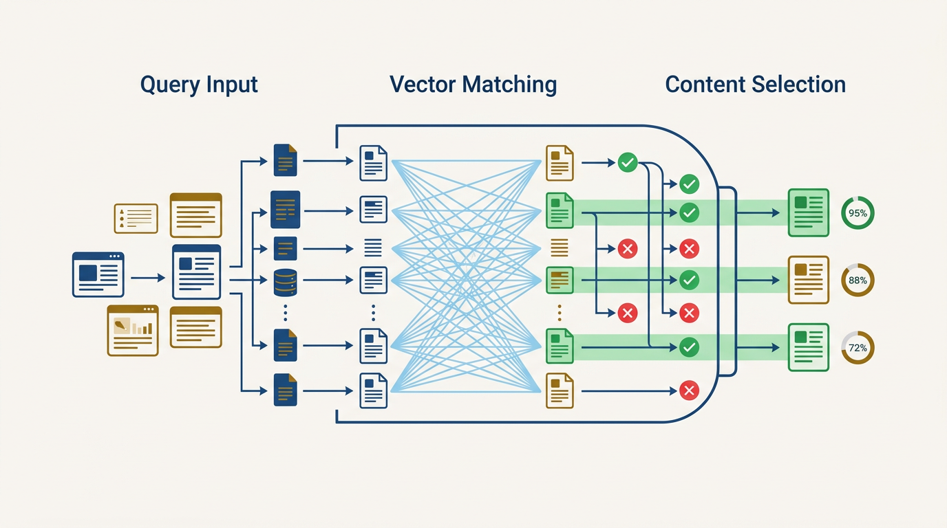 Retrieval probability pipeline showing how AI systems select content sections through semantic matching, entity alignment, and structural clarity