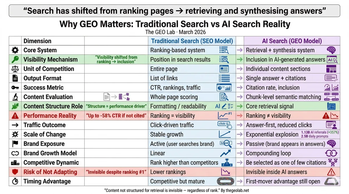 Why GEO matters — traditional search vs AI search impact