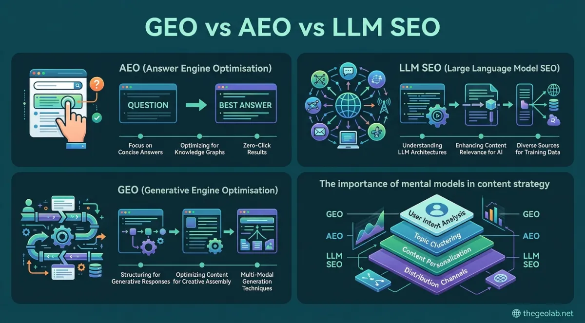 GEO vs AEO vs LLM SEO: What's the Difference? 1 GEO vs AEO vs LLM SEO: three mental models compared — output-focused, channel-focused, pipeline-focused