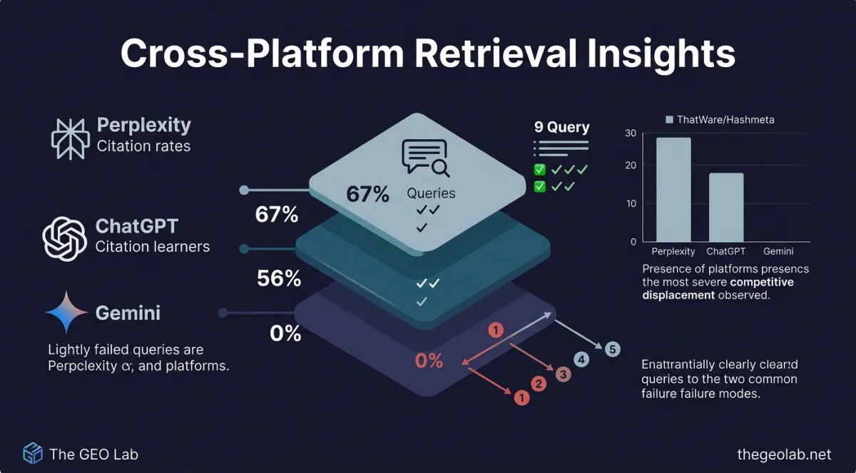 E042: Cross-Platform Retrieval Mechanism Map — Perplexity, ChatGPT, Gemini on the Same 9 Queries 1 Data & Experiments · Experiment E042: key findings visualised as infographic — e042 cr