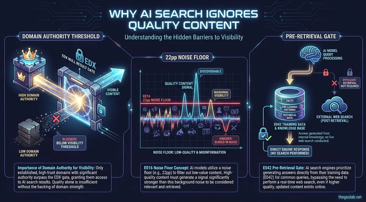 Why Does AI Search Ignore High-Quality Content? 1 Three gates before content quality matters in AI search: authority threshold, 22pp noise floor, pre-retrieval gate