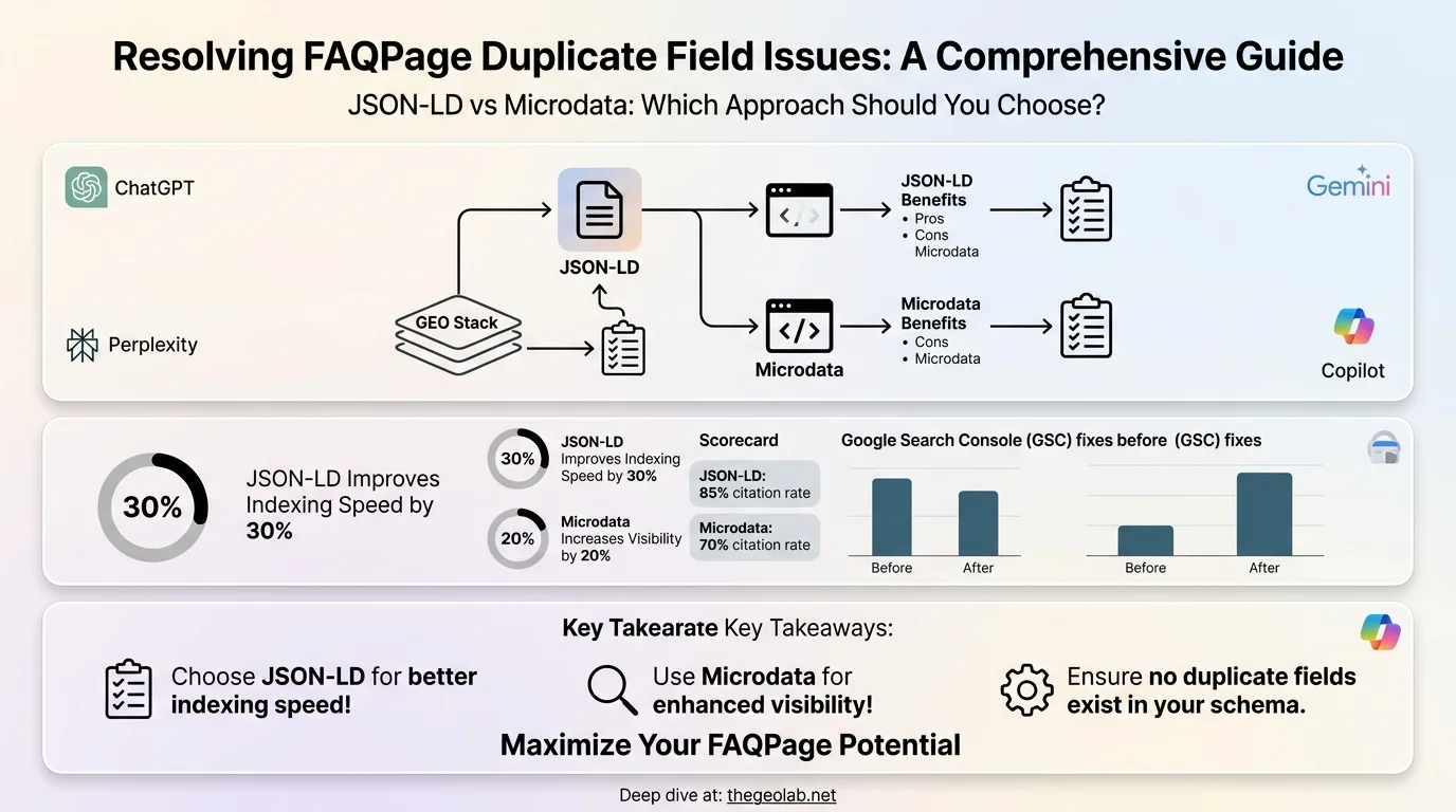 FAQPage Duplicate Field GSC Fix: JSON-LD vs Microdata 1 FAQPage duplicate field fix infographic