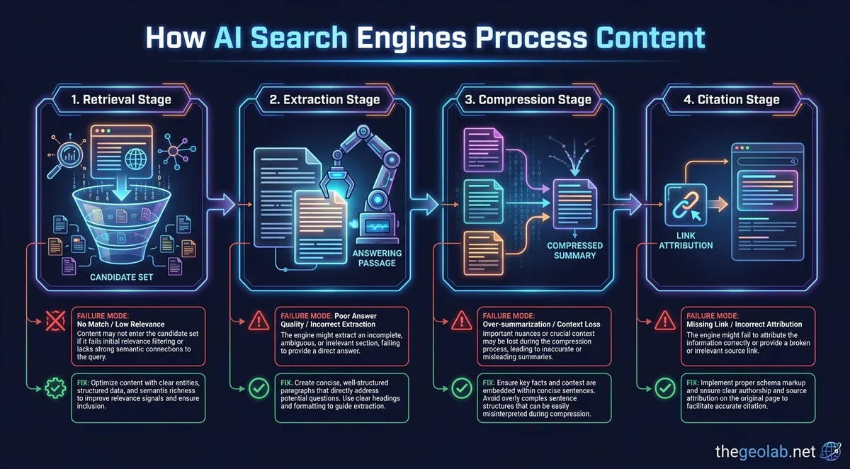 AI search content processing: four stages — retrieval, extraction, compression, citation — each with a distinct failure mode