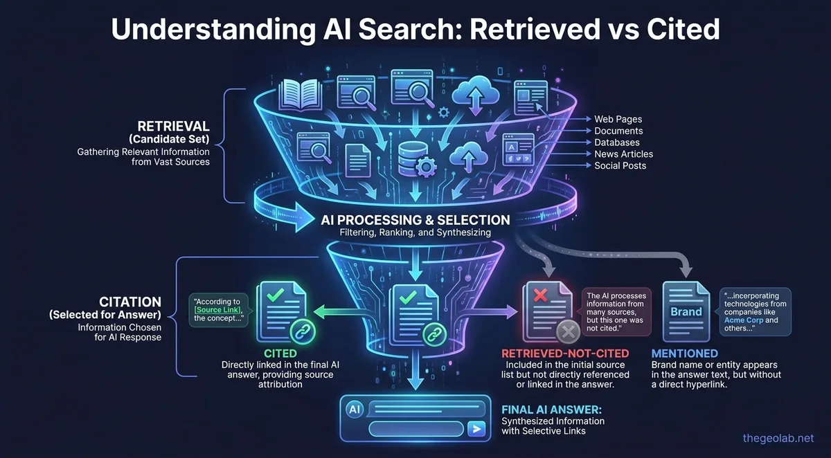 Retrieved vs cited in AI search: two-stage funnel with three visibility states — cited, retrieved-not-cited, mentioned
