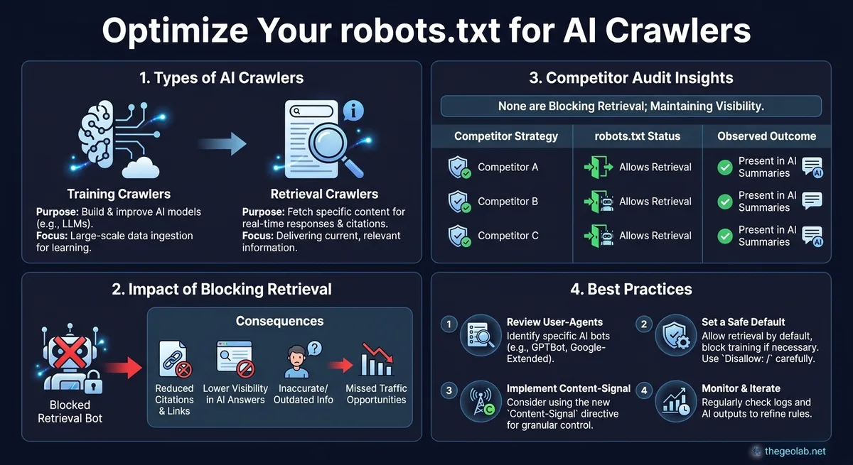AI crawlers robots.txt configuration: training vs retrieval, allow-vs-block tradeoff