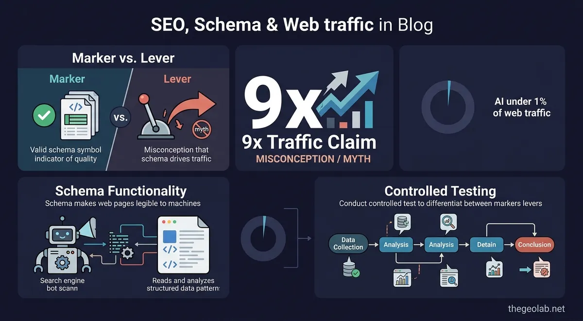 Infographic explaining the marker-not-lever distinction in structured data and traffic claims