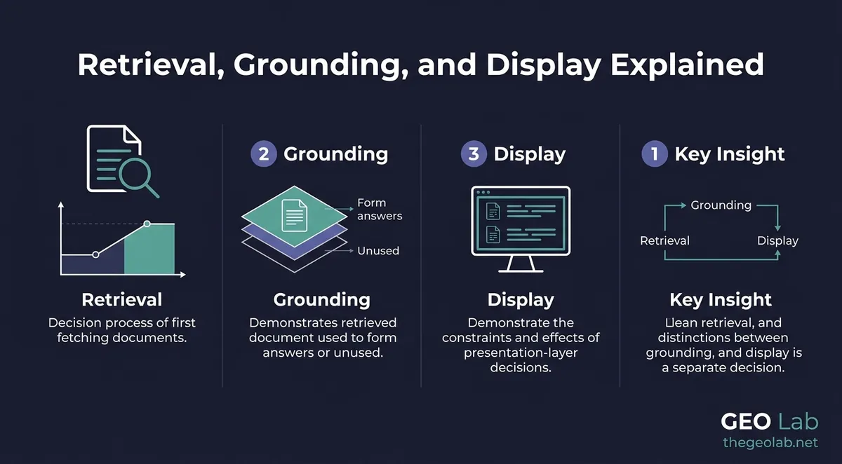 Used Is Not Cited: Retrieval, Grounding and Display Are Three Different Surfaces