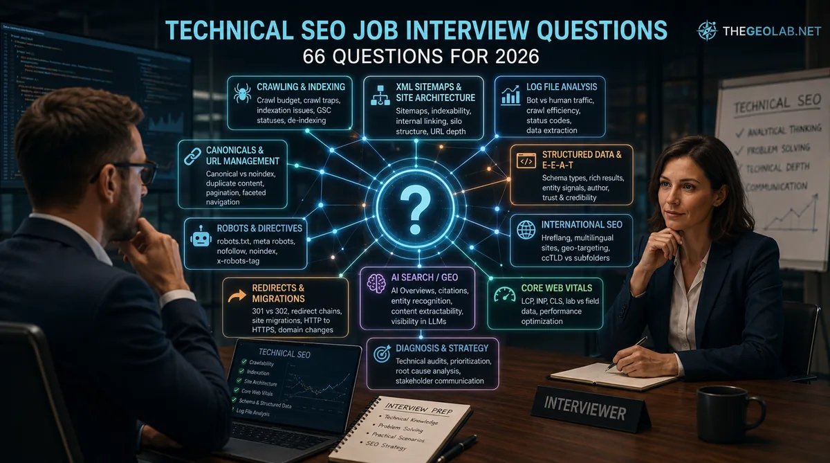 Technical SEO Job Interview Questions: 66 Questions for 2026 1 66 technical SEO interview questions covering crawling, indexing, canonicals, redirects, migrations, Core Web Vitals and AI search